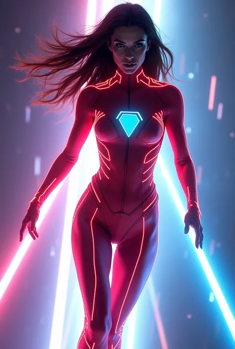 (photorealism:1.2), Brunette woman with perfect body wearing a DC Comics fluo Captain Atom suit and the atom symbol on her chest speeding through space leaving behind a halo of fluo light with a small mask covering her eyes leaving a white background for h...