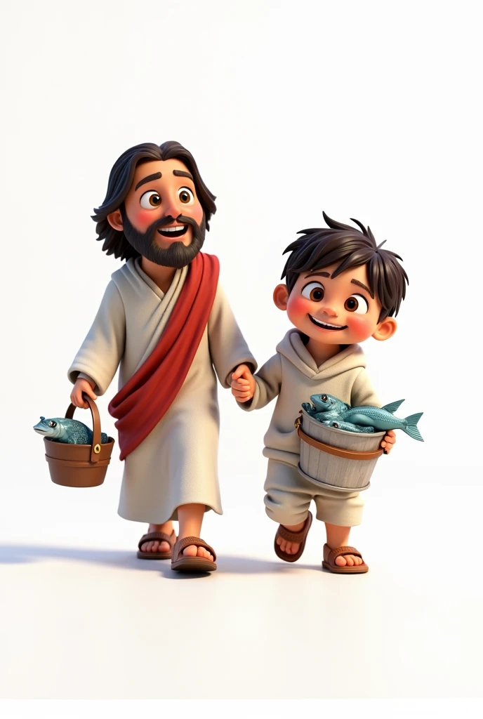 a happy one with short hair, dark brown hair color, wearing a space costume, holding a bucket full of fish, white background, the child, tom, Pixar-style, 3d, Cartoon s, face detailed, asymmetrical 16k walking holding Jesus&#39; hand