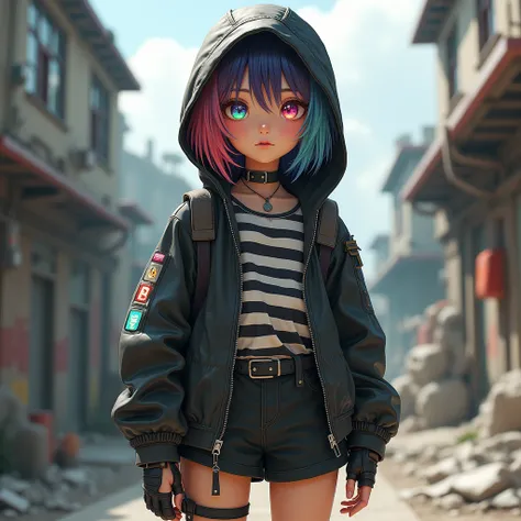 Girl, black and white shirt, apocalypse hooded armored miniskirt, full body, short rainbow hair, rainbow eyes, cute pants