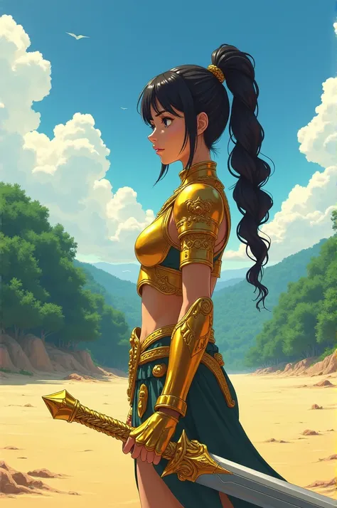 a 1 teenager on a plain with a jungle behind her, you can only see her left side of her body, she wears golden armor and looks to the right, she has a titanium sword with gold sword style: radical, image style : anime, no specific focus point