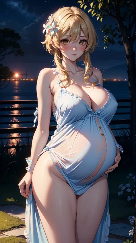 (Luminernd), (narrow waist), (pregnant), (blushing, official art, detail eyes, cg, standing, (expansive landscape photography:1.2),perfect body, (outdoors, park, night), (huge breasts),(nightgown:1.6), 