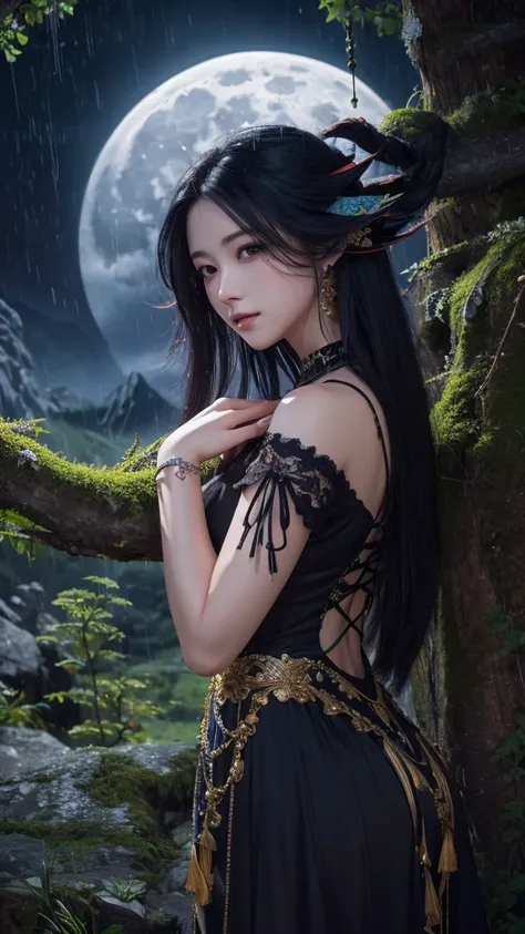 masterpiece, 最high quality, night, Mountain, full moon, Long black hair, woman, performer, Mystical Tree, high quality, Beautiful graphics, Attention to detail, heavy rain