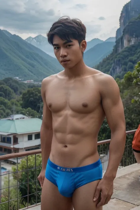 Teenager, handsome, Thai person, Take off your shirt., Wear blue underwear, With mountains in the background