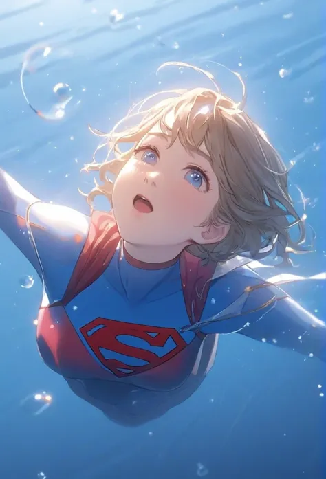 (masterpiece,highest quality,ultra_detailed,high resolution,absurdes:1.2), supergirlof costume, a girl in the water、eyes closed,...