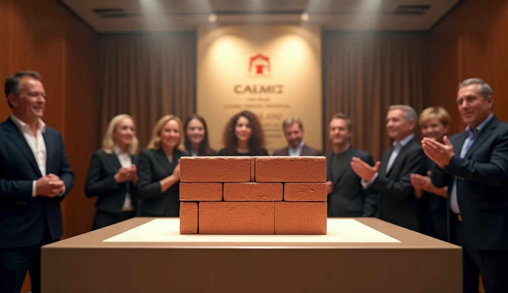 A realistic, professional image showcasing the award-winning building material of the year: the ceramic solid brick. The scene highlights the brick prominently, with a spotlight effect, making it the centerpiece. The brick is displayed on a polished podium...