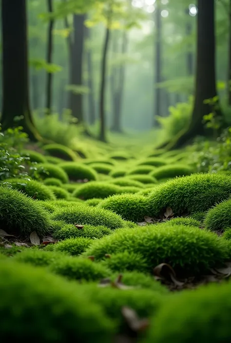 A thick carpet of moss spreads across the forest floor, It is lush, The lush green surface、It&#39;s like walking on a living cushion、Softening each step.
