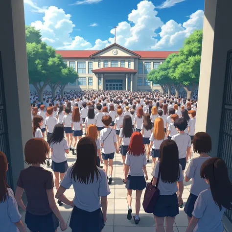 When school ends, The courtyard is very crowded because students are walking out of the school building anime teens to go homePOV, 