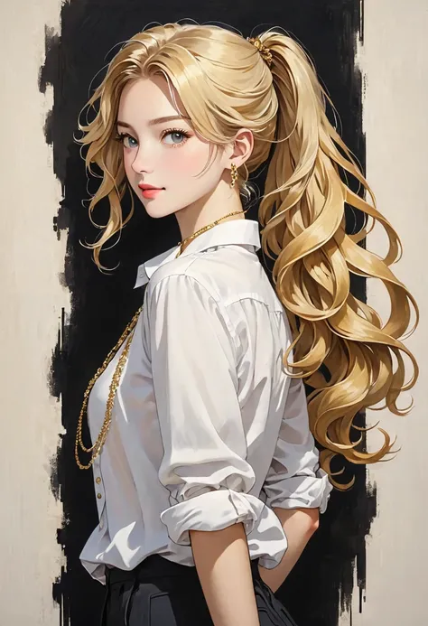 The image depicts a person with long, blonde, wavy hair that is styled in two high ponytails. This individual is wearing a white button-down shirt with rolled-up sleeves. Additionally, they have on two gold necklaces, one shorter and the other slightly lon...