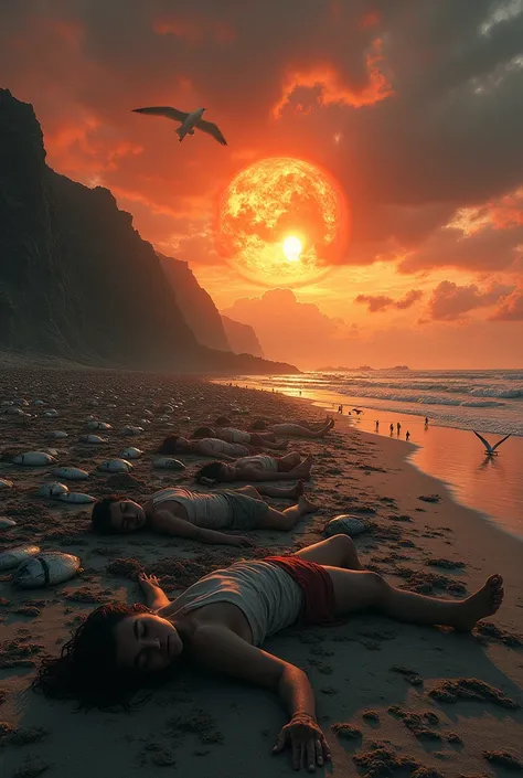 Dead people and fish on the beach during a terrifying sunset 