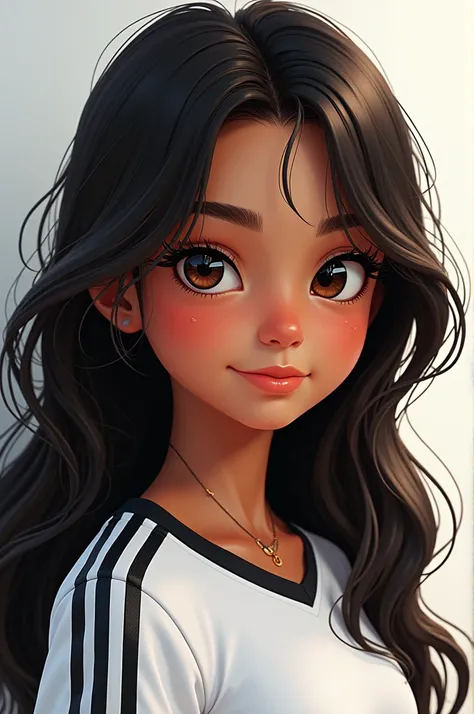 Generate an image of a person with the following characteristics: a girl with dark brown hair color, Brown skin color, long eyelashes, He likes sports like soccer and volleyball., Favorite color black and white, Favorite player Cristiano Ronaldo 