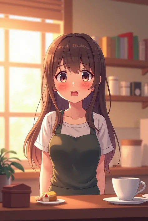 Cozy cafe interior, warm lighting. Cute anime style female part-time worker standing in front of the counter. long hair, Wearing an apron. A bewildered look and sweat. There is a coffee cup in the background, cake, A cafe interior decorated with cute books...