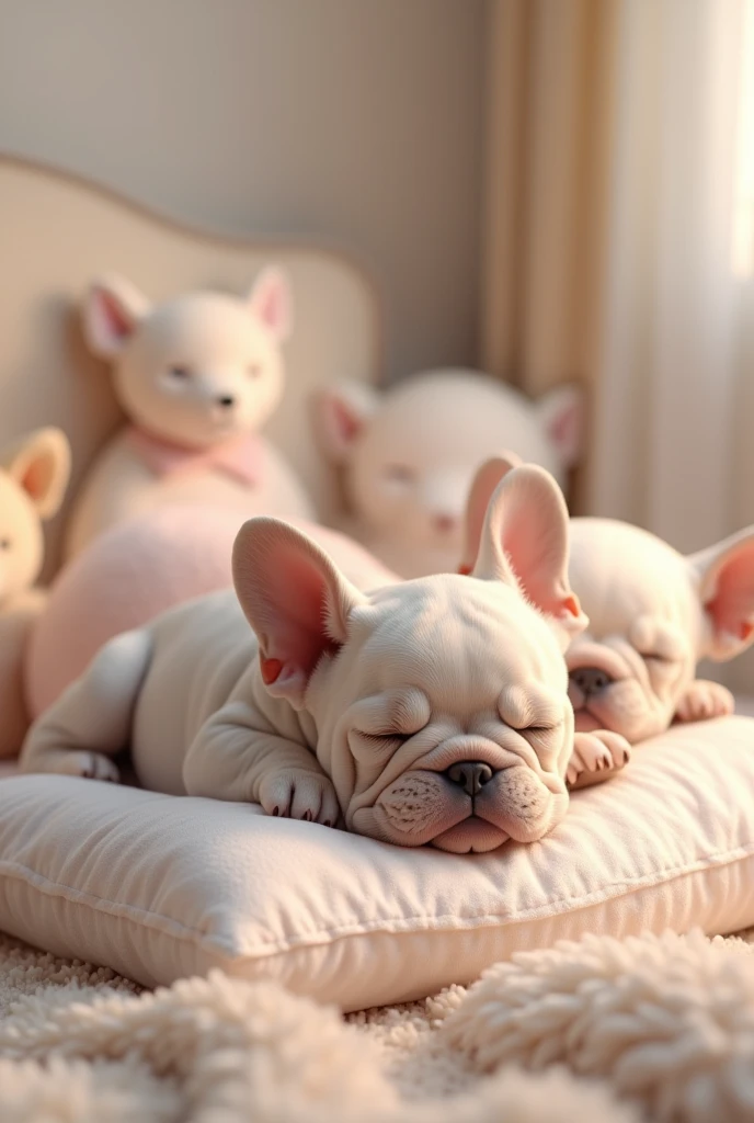 Sleepy French bulldog puppy curled up on a fluffy pillow, surrounded by pastel-colored toys in a cozy nursery room.