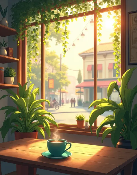 An anime-style illustration of a cozy indoor cafe scene bathed in warm, golden sunlight. The room is filled with lush green potted plants, their leaves glowing in the afternoon light filtering through a large window. Outside the window, a bustling city str...