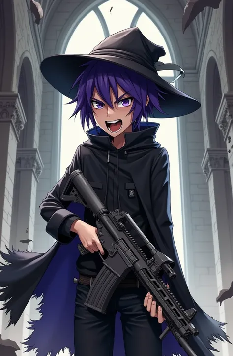 A boy with short purple hair wearing a hat pulled down low　He&#39;s carrying a huge rifle　Screaming facial expression　The clothes look cool　A tattered black, slightly bluish cloak flutters in the wind.　In a dilapidated church　Hold your rifle and shoot　Angl...