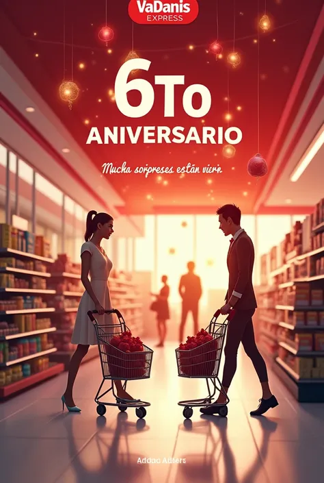 Realiza una imagen para el 6TO  aniversario de VADANIS EXPRESS SUPERMARKET el cual debe incluir el nombre del supermercado "VADANIS EXPRESS SUPERMARKET" "6TH ANNIVERSARY"
 " Many surprises are coming". I want it to look elegant and attractive and the color...