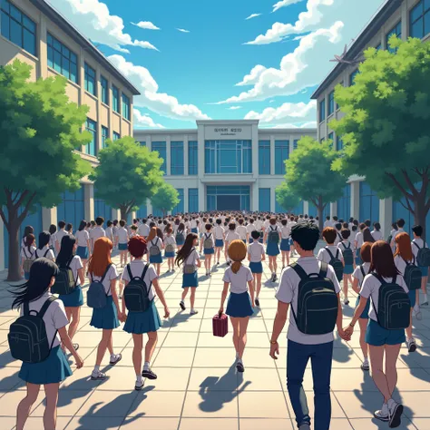 When school ends, The courtyard is crowded as students walk out of the school building anime teens to go homePOV, 