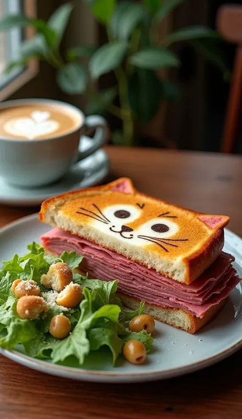 Highest quality、masterpiece、RAW Photos、Film Grain、Artistic photography、Great lighting、Cappuccino is the star、Cappuccino on the table、Cat Latte Art、Freshly baked hot sandwiches、Corned beef and potato hot sandwich、One Plate、Green salad with small croutons an...