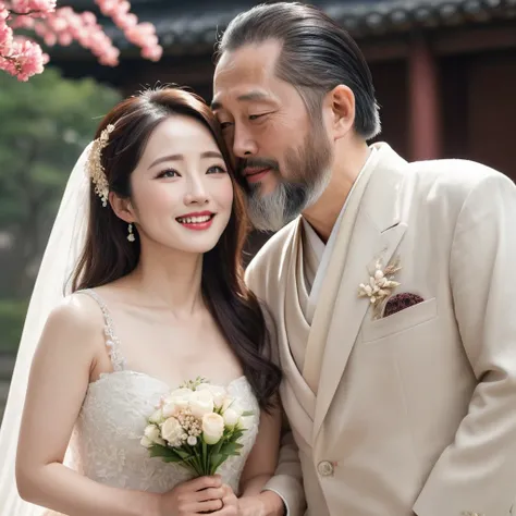 ((Highest quality)), ((masterpiece)), (detailed), （Perfect Face）、The woman is Japanese、The woman is embracing and kissing a middle-aged Chinese man with a beard in their wedding ceremony.