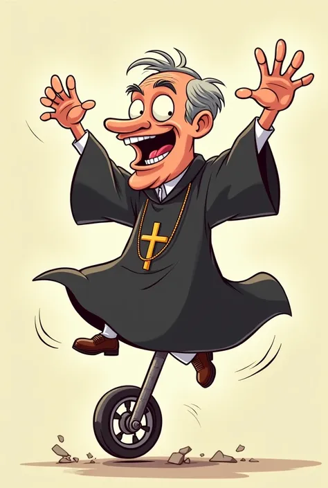 A cartoon clergyman in a cassock jumps on a pogo stick and burps with his mouth wide open and his eyes bulging