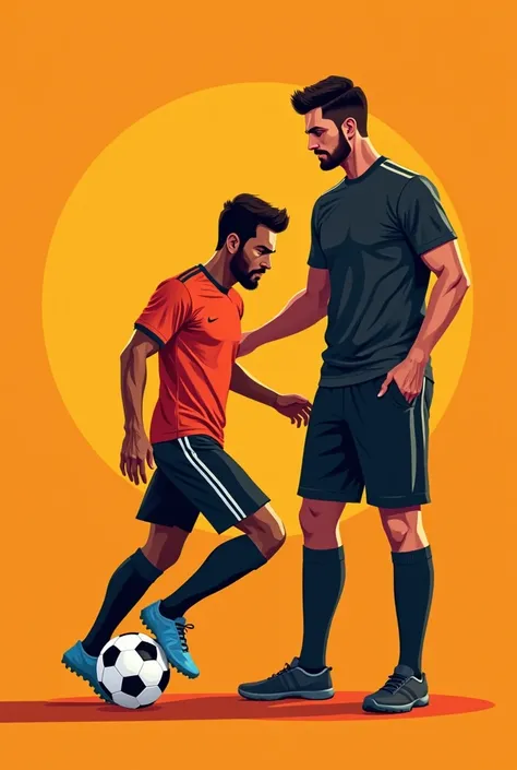 Red orange tone art for professional personal trainer instagram illustrating a professional soccer athlete training with his black fitness coach.