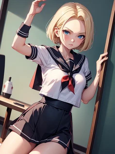 8k, Android 18, Whole body, sailor fuku, japanese school