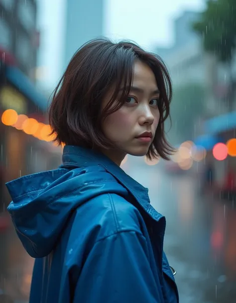 Realistic photos, beautiful woman 35 years short bob cut brown hair, wearing blue raincoat, standing during raining, Bangkok city on the background, blue atmosphere 