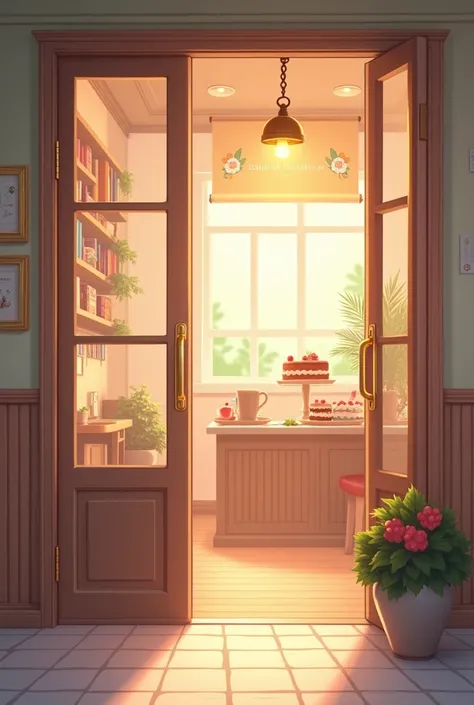 Cozy cafe interior, warm lighting. The cafe door opens and the small bell on the door rings.. There is a coffee cup in the background, cake, A cafe interior decorated with cute books. Overall pastel tone color