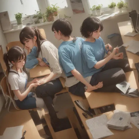 2 people, Wearing a light blue shirt, Navy Skirt、Navy Pants、Students with books open in front of them、Sitting on a chair close to a school desk. Indoors、bright教室で、Large windows let in plenty of natural light, Casts clear, soft shadows. In the background、Ou...