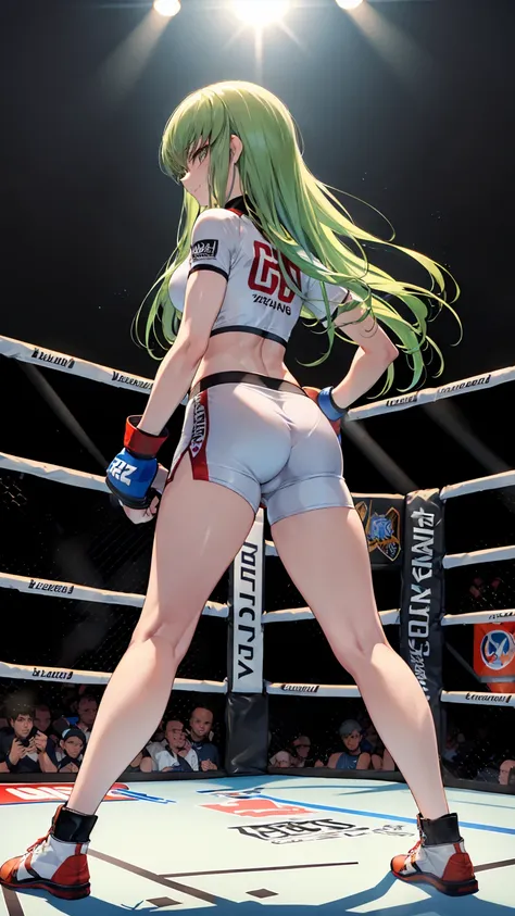 CC_Code Geass, Hair between the eyes, Very long hair 1 person, Bright light, smirking, alone, full body shot, Fighting, (masterpiece, Highest quality), 8k, Intricate details, (on MMA Arena :1.5), (wearing MMA uniform:1.5, white tops and black bottoms:1.3),...