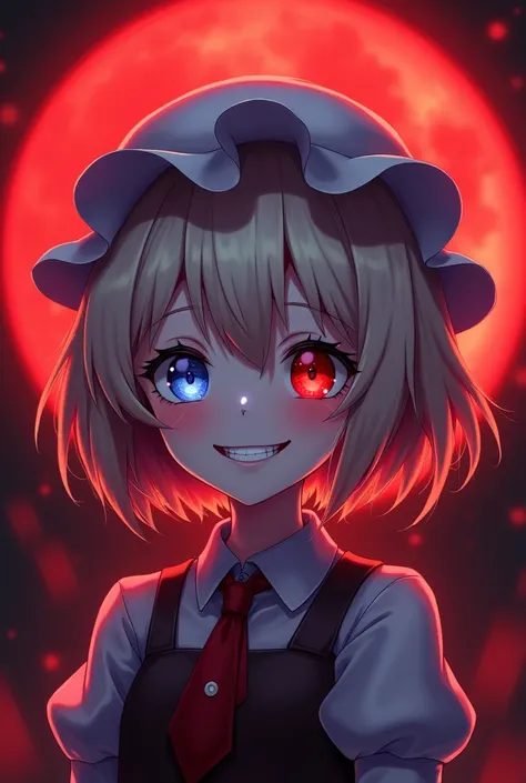 Flandre Scarlet　
Background Red Moon　Eye color: left eye red　Right eye blue　Anime-style grinning face　Young　short hair　White Hat　The height is a little small