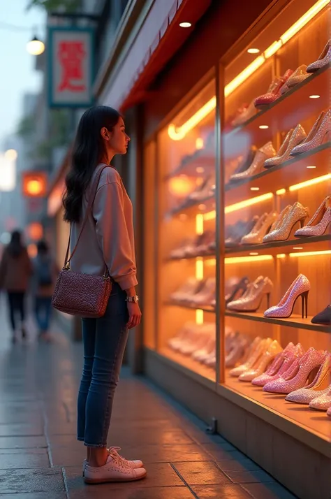 make 3d pictures Rina standing in front of a shoe store, looking longingly at the brightly colored shoes in the display case glistening in the sunlight