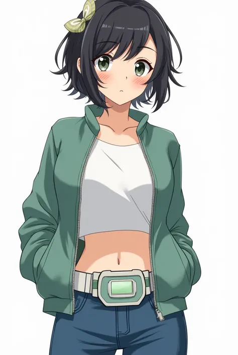 1girl, Short Hair, High Resolution, Anatomically Correct, Masterpiece, Best Quality, Breasts, Blush, Simple background, Ribbon, Anime Style, Digimon Savers style, black Hair, white shirt, light green and white digivice, bomber jacket, brown eyes, jeans, sn...