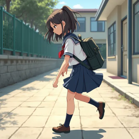 in the school yard, There is a girl wearing a school uniform while carrying her backpack., He was turning around because he remembered there was a book he left behind