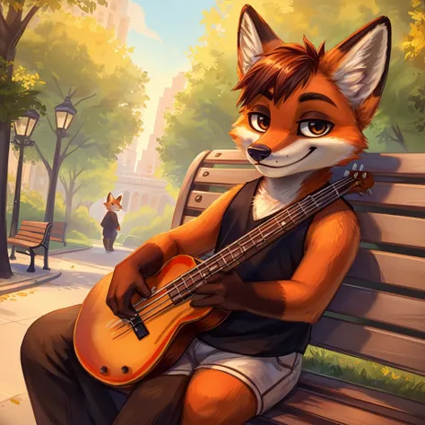 a close-up of an antropomorphic red fox, seated on a bench in a park, bass player, short hair, closed smile, looking at viewer, ...