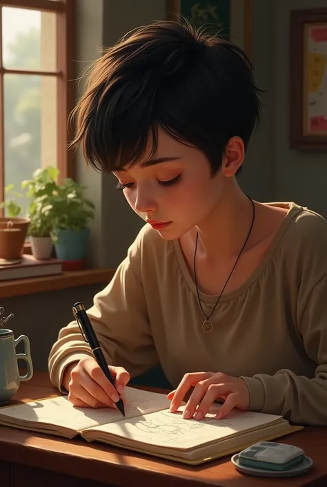 Girl with pixie cut writing in a notebook