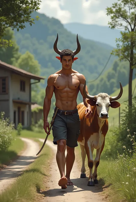 Realistic picture,boy,Not wearing a shirt.Wearing shorts.Walking with a cow.male,Big body,He has long horns.,roadside,Look at the audience.