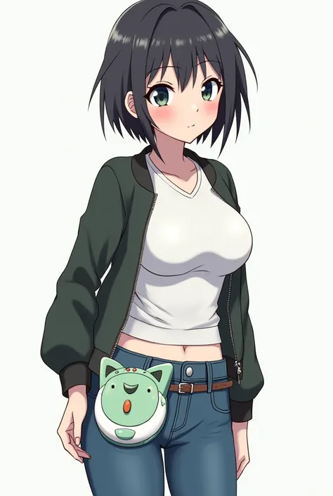 1girl, Short Hair, High Resolution, Anatomically Correct, Masterpiece, Best Quality, Breasts, Blush, Simple background, Ribbon, Anime Style, Digimon Savers style, black Hair, white shirt, light green and white digivice, bomber jacket, brown eyes, jeans, sn...