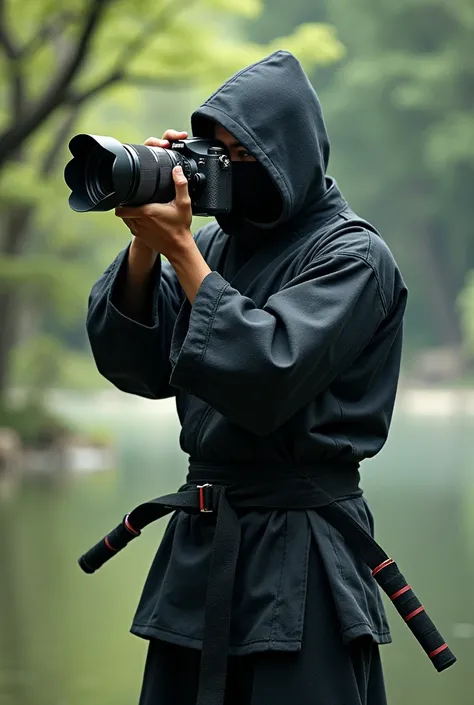 asian guy wearing warrior clothes and ninja mask. he take photo using big camera