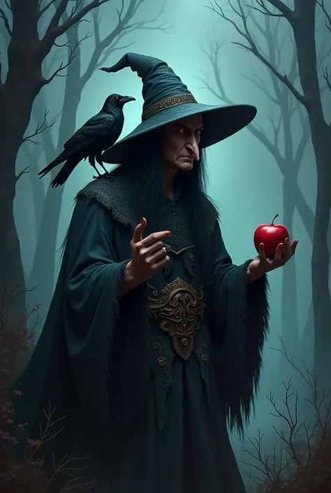 Make me a witch with a big hat in a scary and dark environment, with a big nose, an apple in his hand, and a raven on his shoulders