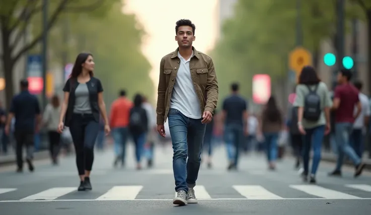 A 30 year old Indonesian man wearing casual clothes with the background of an urban area, precisely on the edge of a main road in a park area in New York City during the day and, He was standing and walking with his full body visible. (all pictures with fa...