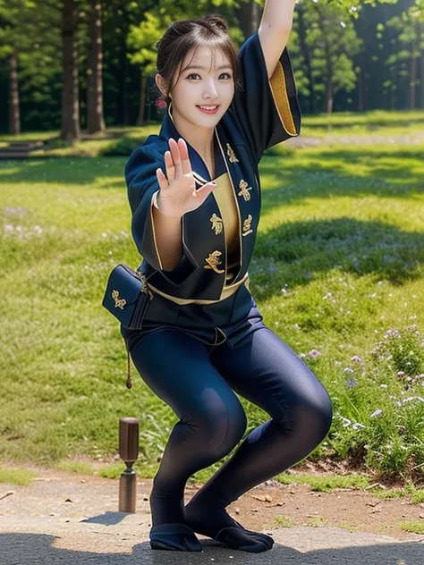 Photo-realistic quality、People dressed in traditional black and gold costumes are dancing the Awa Odori dance outdoors、She has her hair tied back and is wearing black leggings.、A square wooden box hangs next to her、 In the background there is a grass field...