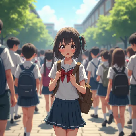 In the school yard when it was busy going home, There is a girl wearing a school uniform while carrying her backpack., ekspresi wajah sedikit terkejut