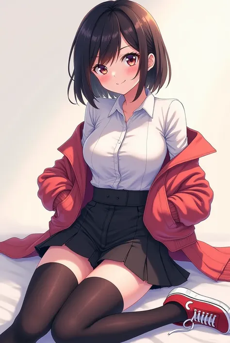 1girl, Short Hair, High Resolution, Anatomically Correct, Masterpiece, Best Quality, Breasts, Blush, Simple background, Ribbon, Anime Style, Fairy Tail style, black Hair, white shirt, bomber jacket, brown eyes, skirt, sneakers, light tan skin, thigh high s...