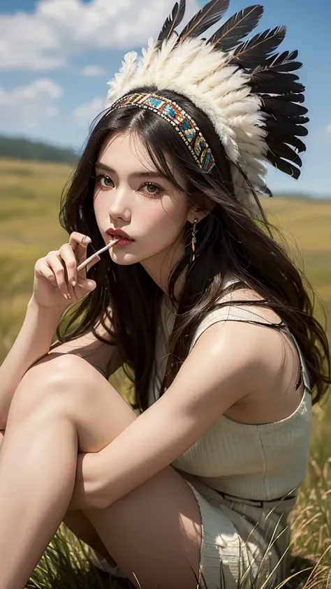 ((high detailed, best quality, 4k, masterpiece, hd:1.3)), ((best quality)), (((HD))), (((8k))), (ultraDH), (ultra HD), a native american woman, in open grassland, wigwam in background, native american headdress, wearing stereotypical feathered native ameri...