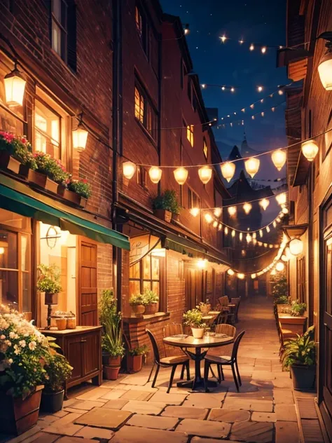 Cobblestone Street, Outdoor Cafe, Rattan chair, Round table, Warm lighting, Night atmosphere, historical buildings, flower pot, Hanging sign, Empty chair, Cozy atmosphere, Soft Shadows, natural environment