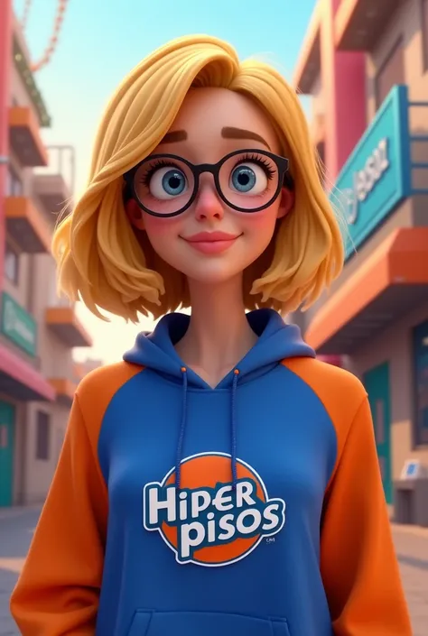 Blonde girl with shoulder length hair wearing glasses weighing 60 kilos With the Hiper Pisos logo wearing clothes in royal blue and orange in an animated style 