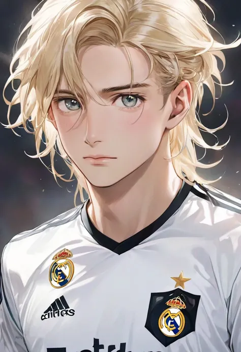 german football player, real madrid jersey number 10, blond heir hasta los hombros, cinta blanca en el pelo