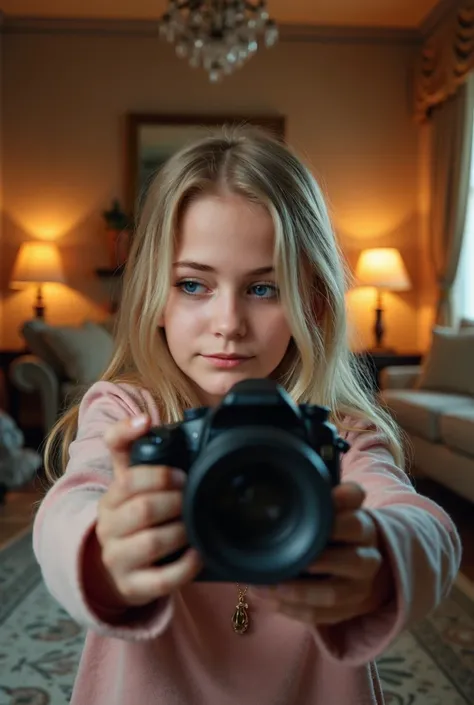 Photorealistic ultrarealistic daughter child  blonde blue eyes taking a first person selfie in the living room super detailed 16k ultrarealistic photorealistic 