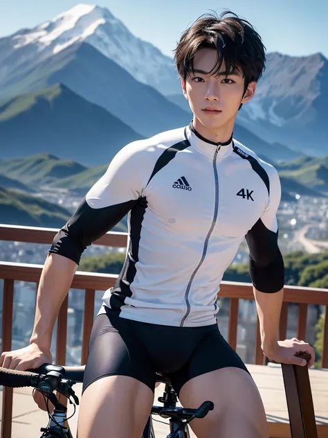 Japanese,23-2, Handsome and elegant,  fair skin, black eyes（thin eyes 1：3), (Super detailed, best quality, 4K, 8k, High resolution, masterpiece:1.3) he is cycling by now. The background is mountain. He is wearing cycling outfits 