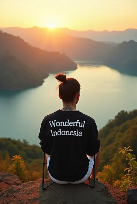 A native Korean man with his hair in a bun wearing a black sweater with the words " wonderful Indonesia" wearing white casual shorts , with tattoos on his neck and legs , Sitting on the hill of Lake Toba , Sit using a folding chair , enjoy the beautiful vi...